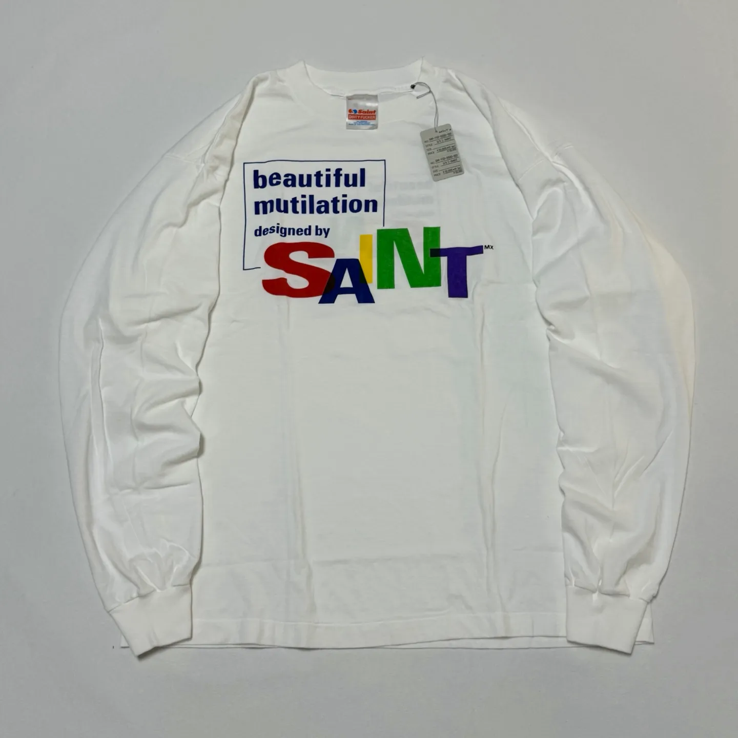 SAINT Mxxxxxx LS TEE/BEAUTIFUL SAINT/WHT Colorful SAINT slogan long-sleeved TEE White S-XL Cylindrical side seamless fabric Really made with care! Domestic printing factory OEM, original water slurry non-touch printing process, correct version, correct main mark/wash mark/little angel anti-counterfeiting mark